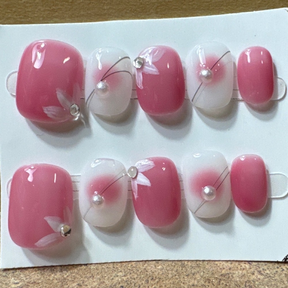 Pink White Floral Press On Nails Pearl Rhinestone Glossy Short Square 10pc Set